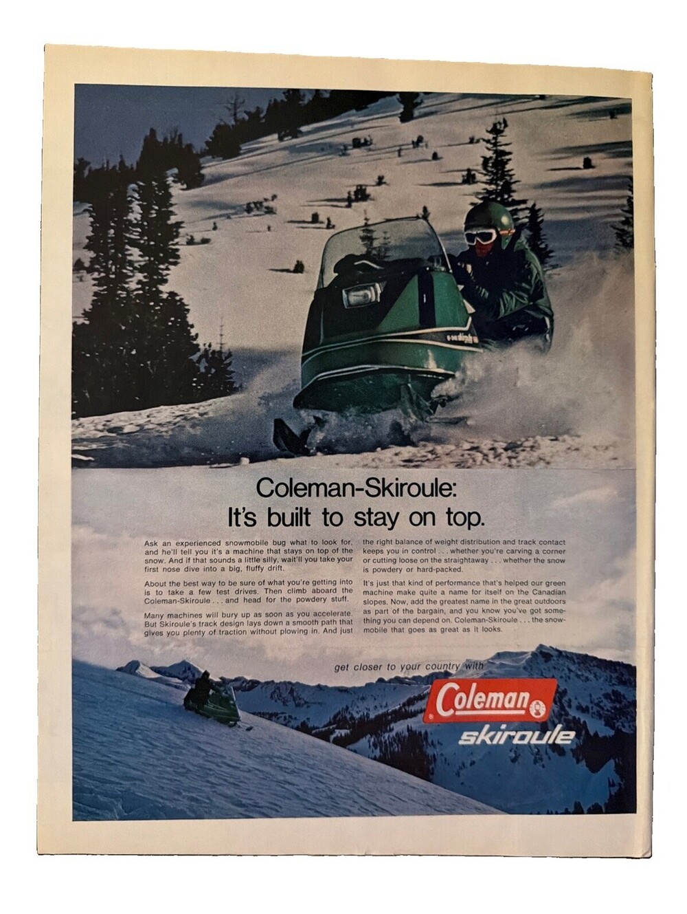 1970 Coleman Skiroule Print Ad Snowmobile Mountain Winter Cold Travel Fun Sports